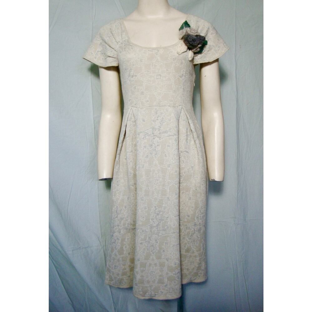 Anthropologie Moth Cream Knit Dress SZ XS Shawl Collar Embellished Short Sleeve
